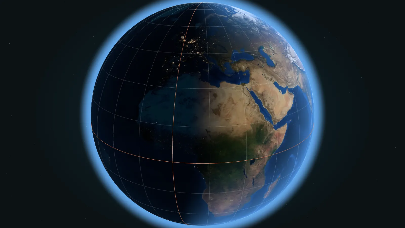A 3D globe with lines of latitude and longitude, the equator and the Prime Meridian highlighted