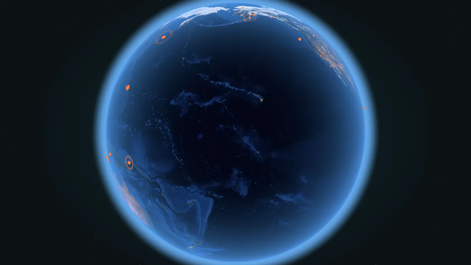 The Pacific Ocean on a 3D globe, ringed by live earthquakes